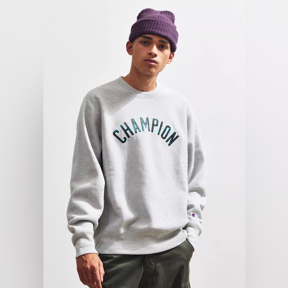 Champion UO Exclusive Plaid Fill Logo Reverse Weave Crew Neck Sweatshirt